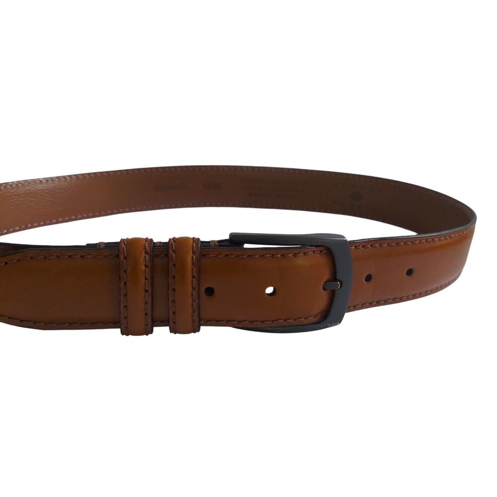 Joseph Abboud Camel Brown Italian Leather Belt Size 30 Stitching Gunmetal Buckle